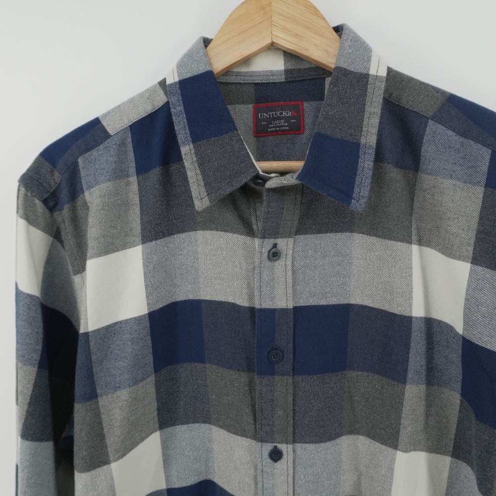 UNTUCKit Flannel Shirt Mens Large Blue Grey Buffalo Check Long Sleeve Cotton